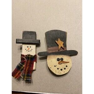 Snowmen Pins Wooden Handcrafted Holidays Winter Season Set Of 2